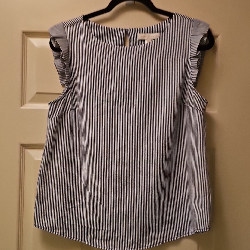 Monteau Navy and White Striped Ruffle Sleeve Shell